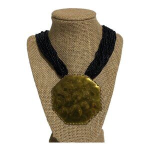 Womens Black Multi Strand Seed Beaded Hammered Brass Pendant Statement Necklace